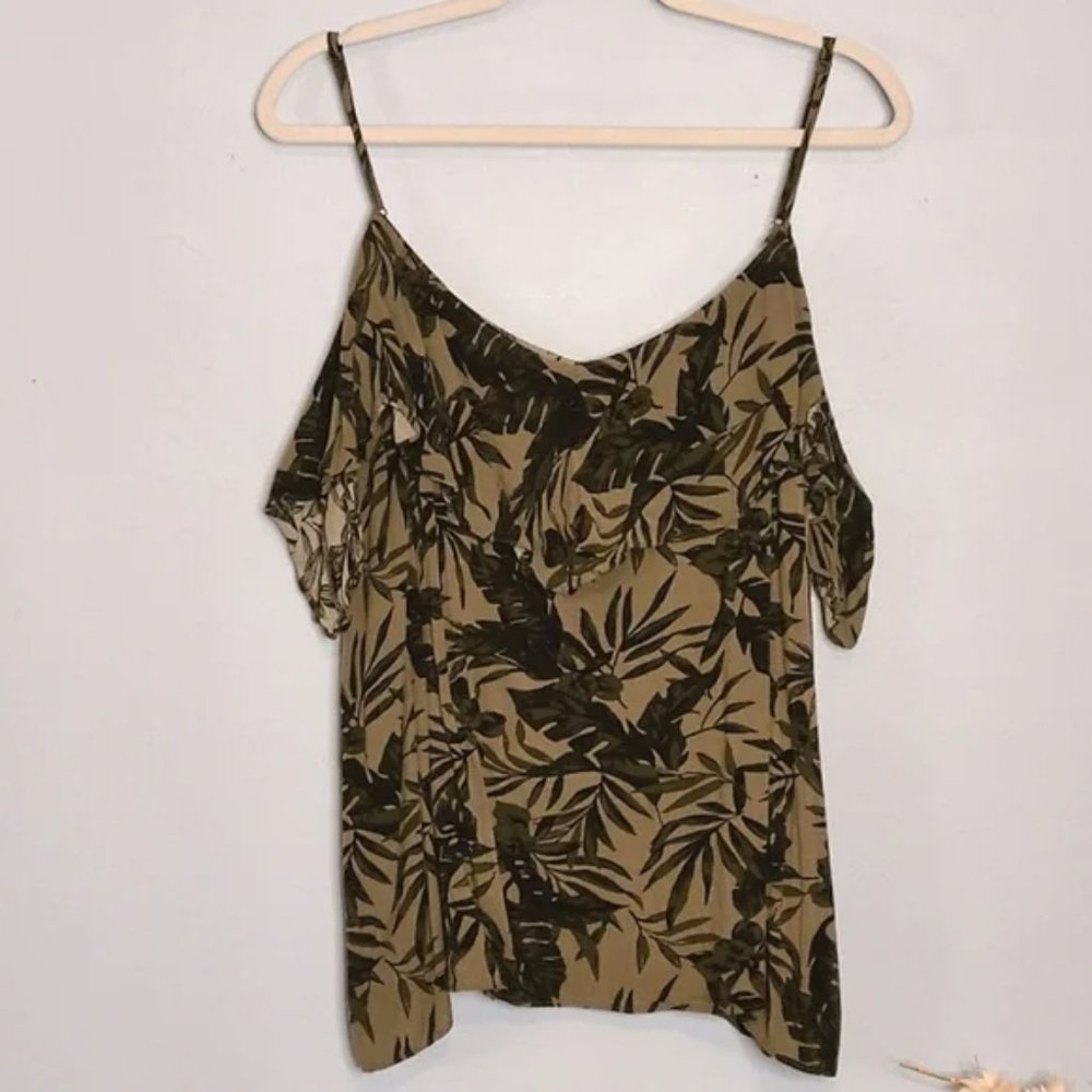 Monstera Palm Green Cold Shoulder Top